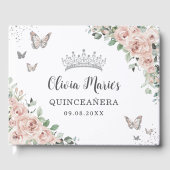 Blush roze bloemenvlinders zilver quinceañera gastenboek (Voorkant)
