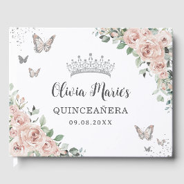 Blush roze bloemenvlinders zilver quinceañera gastenboek