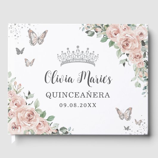 Blush roze bloemenvlinders zilver quinceañera gastenboek (Voorkant)
