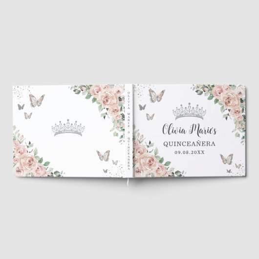Blush roze bloemenvlinders zilver quinceañera gastenboek (Volledig)