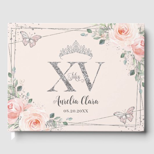 Blush roze bloemenvlinders zilver quinceañera gastenboek (Voorkant)