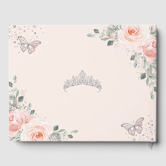 Blush roze bloemenvlinders zilver quinceañera gastenboek (Achterkant)