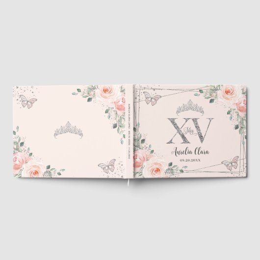 Blush roze bloemenvlinders zilver quinceañera gastenboek (Volledig)