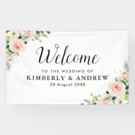 Blush roze bloemenwelkom bruiloft spandoek