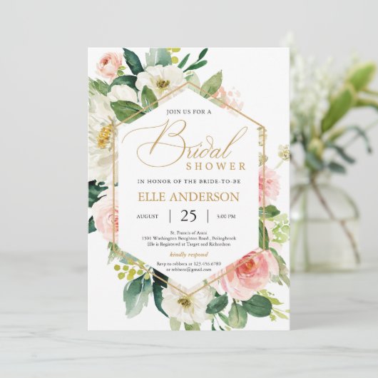 Blush roze bloemig en goud geometrisch vrijgezelle kaart (Staand voorkant)