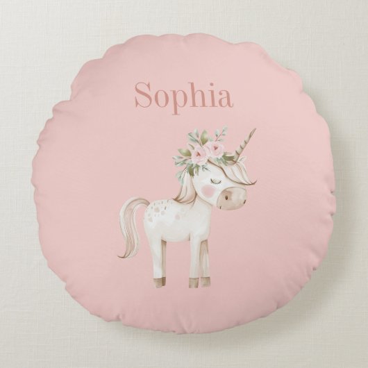 Blush Roze Bloemige Eenhoorn Rond Kussen (Voorkant)