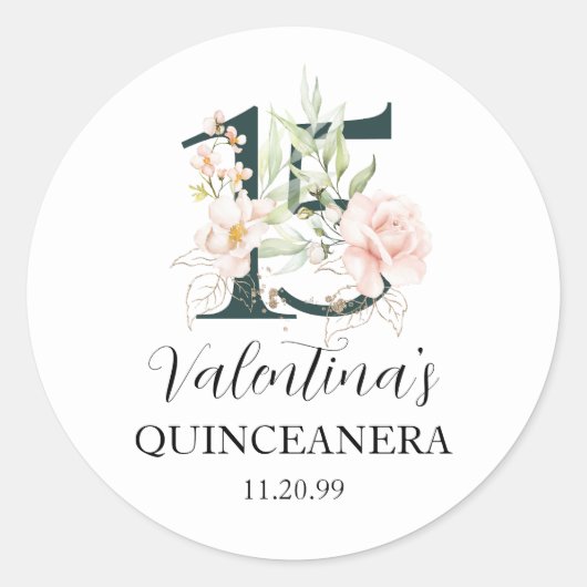 Blush Roze Bloemige Quinceanera Ronde Sticker (Voorkant)