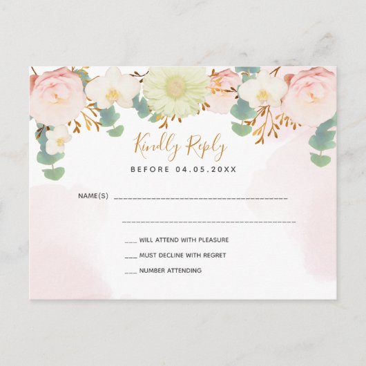 Blush roze bloemkoralen witte bruiloft RSVP Briefkaart (Voorkant)
