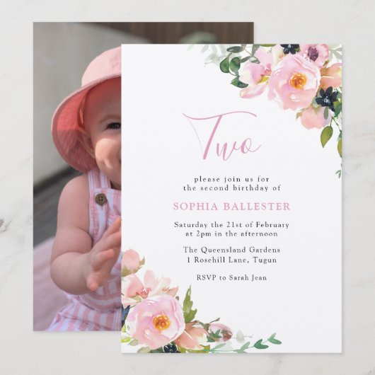 Blush & Roze bloemmeisjes 2e verjaardag Foto Kaart (Voorkant / Achterkant)