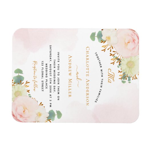 Blush roze bloemmonogram bruiloft magneet (Horizontaal)