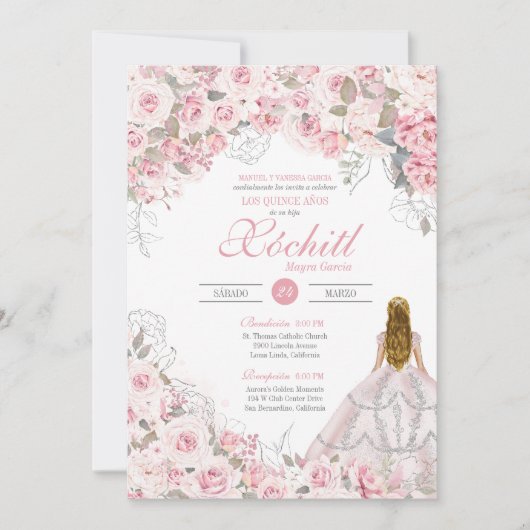 Blush Roze Bloesem Elegante Bloem Quinceanera Kaart (Voorkant)