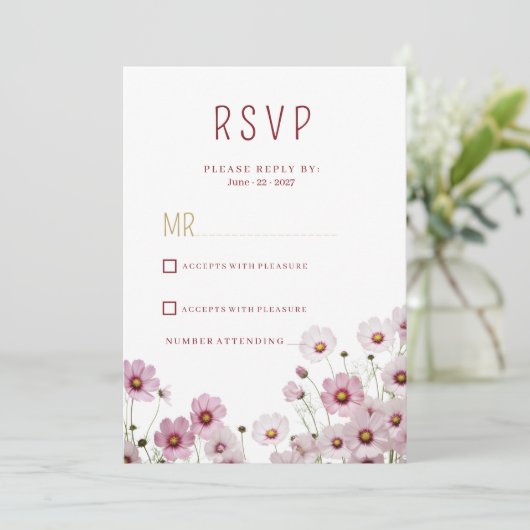Blush roze bloesem kosmos bloem RSVP Kaart (Staand voorkant)