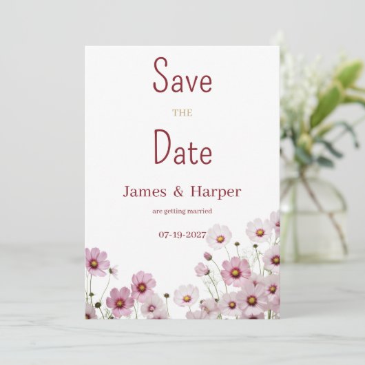 Blush roze bloesem kosmos bloem Save the Date Kaart (Staand voorkant)