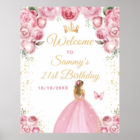 Blush Roze Blonde Haar Prinses Verjaardag Welkom Poster (Voorkant)