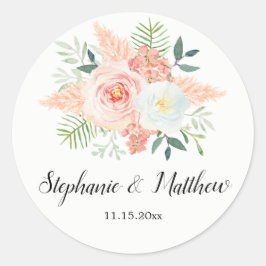 Blush Roze Bloom Bloemen Waterverf Bruiloft Ronde Sticker