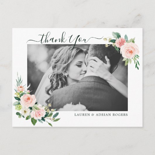 Blush Roze Bloom Bruiloft Dank u Foto Briefkaart (Voorkant)