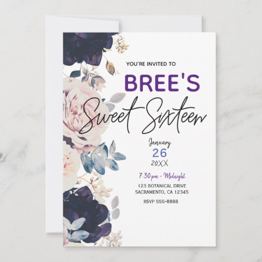 Blush roze & Blue Botanical Floral Sweet 16 Party Kaart (Voorkant)