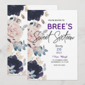 Blush roze & Blue Botanical Floral Sweet 16 Party Kaart (Voorkant / Achterkant)