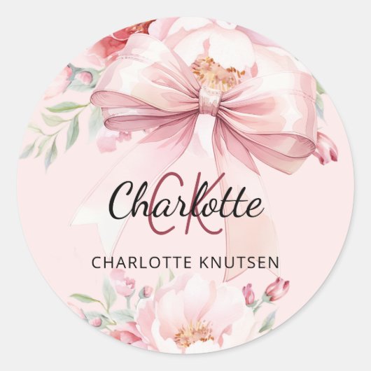 Blush roze boeg bloemen monogram ronde sticker (Voorkant)
