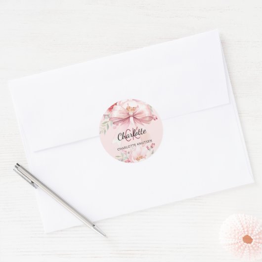 Blush roze boeg bloemen monogram ronde sticker (Envelop)