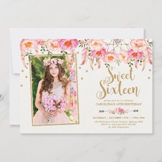 Blush Roze Boheemse Bloemen Sweet 16 Verjaardag Kaart (Voorkant)