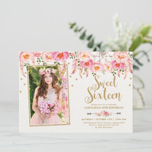 Blush Roze Boheemse Bloemen Sweet 16 Verjaardag Kaart (Staand voorkant)