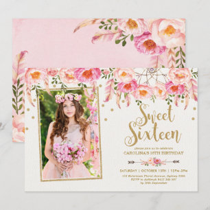 Blush Roze Boheemse Bloemen Sweet 16 Verjaardag Kaart
