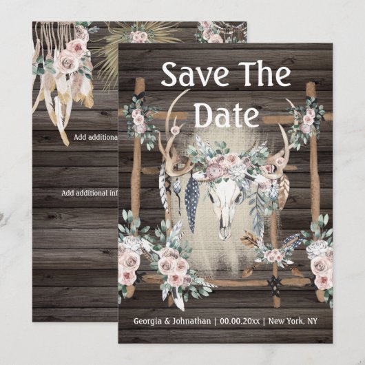 Blush roze boho antler tribale vederhout save the date (Voorkant / Achterkant)