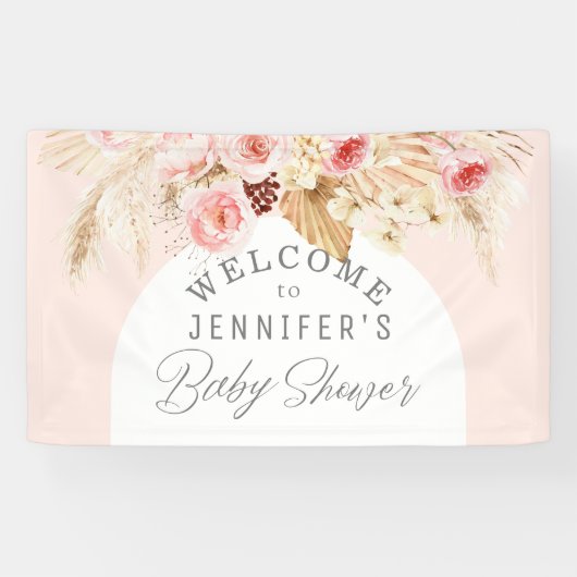 Blush roze Boho Arch Floral Pampas Baby shower Spandoek (Horizontaal)