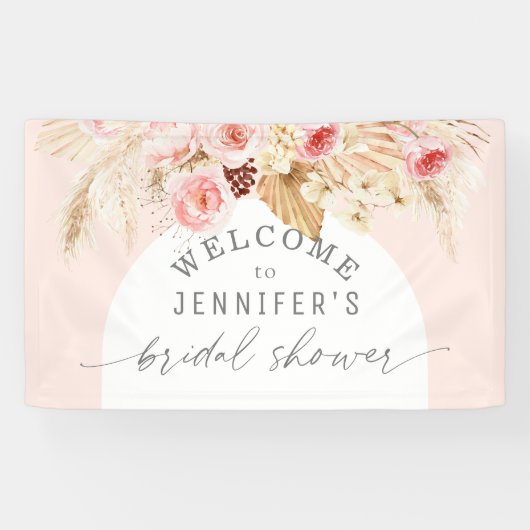 Blush roze Boho Arch Floral Pampas Vrijgezellenfee Spandoek (Horizontaal)