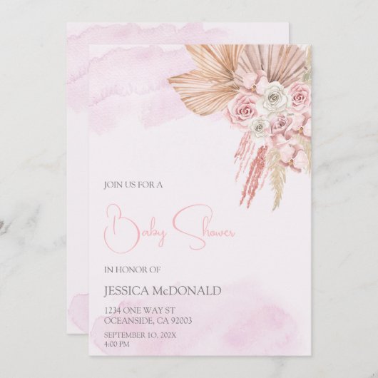 Blush roze boho baby shower kaart (Voorkant / Achterkant)