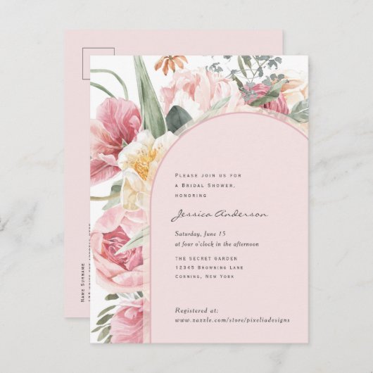 Blush roze boho floral chic gired bridal uitnodiging briefkaart (Voorkant / Achterkant)