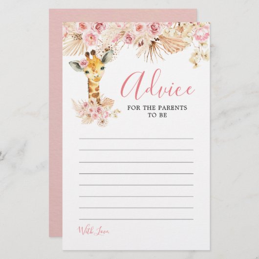 Blush Roze Boho Giraffe Baby shower Advies Kaart (Voorkant / Achterkant)