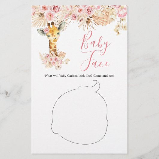 Blush Roze Boho Giraffe Baby shower Baby Gezicht (Voorkant)
