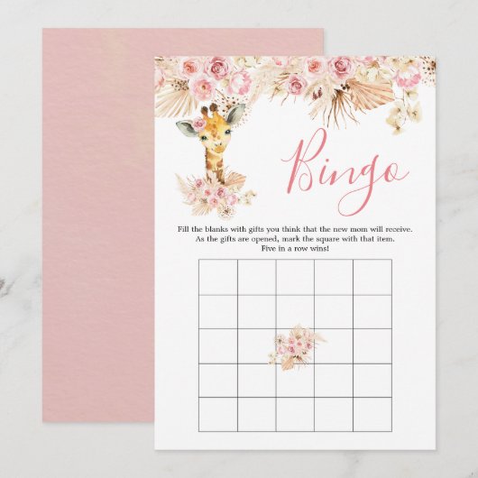 Blush Roze Boho Giraffe Baby shower Bingogame Kaart (Voorkant / Achterkant)