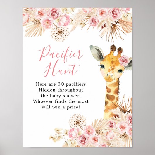 Blush Roze Boho Giraffe Baby shower Fopspeen Hunt Poster (Voorkant)