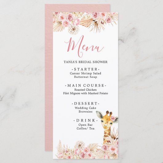 Blush Roze Boho Giraffe Baby shower Menu Kaart (Voorkant / Achterkant)