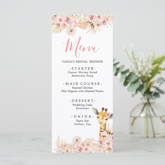 Blush Roze Boho Giraffe Baby shower Menu Kaart (Staand voorkant)