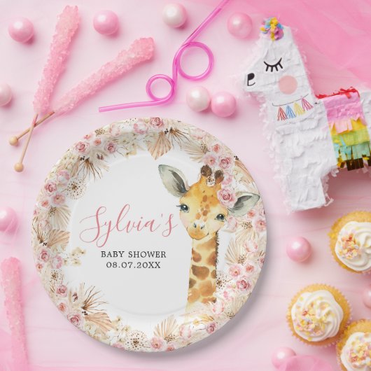 Blush Roze Boho Giraffe Baby shower Papier Bord (Feest)