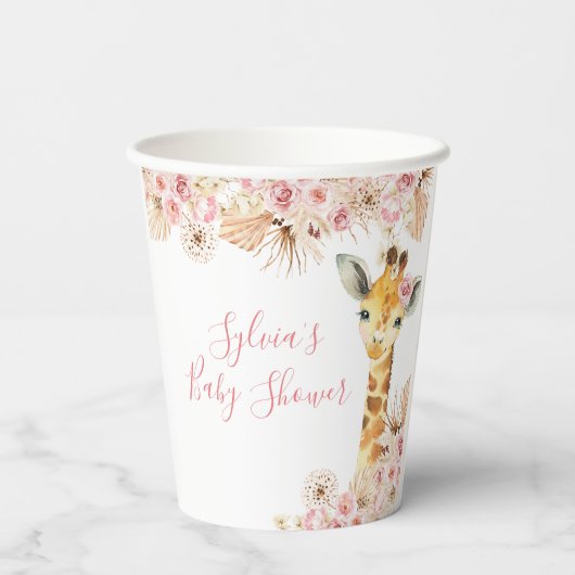 Blush Roze Boho Giraffe Baby shower papier Cup Papieren Bekers (Achterkant)