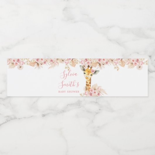 Blush Roze Boho Giraffe Baby shower Waterfles Waterfles Etiket (Enkel label)