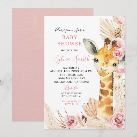 Blush Roze Boho Giraffe Meisje Baby shower Kaart (Voorkant / Achterkant)