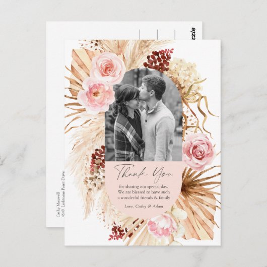 Blush Roze Boho Pampas Bloemen Foto Bruiloft Dank Briefkaart (Voorkant / Achterkant)