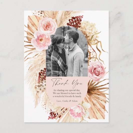 Blush Roze Boho Pampas Bloemen Foto Bruiloft Dank Briefkaart (Voorkant)