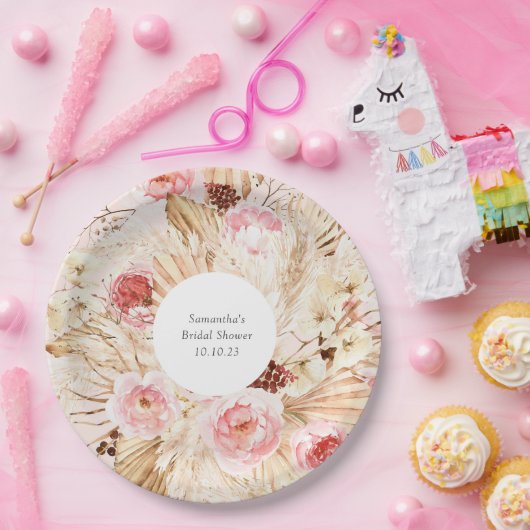 Blush roze boho pampas grasbloempatroon  papieren bordje (Feest)