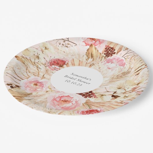 Blush roze boho pampas grasbloempatroon  papieren bordje (Gekanteld)