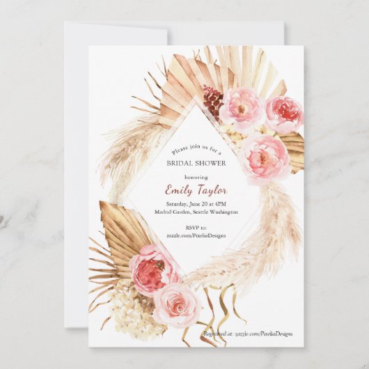 Blush Roze Boho Pampas Waterverf Bloemen Bruids Kaart (Voorkant)