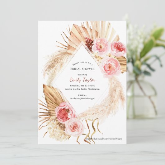 Blush Roze Boho Pampas Waterverf Bloemen Bruids Kaart (Staand voorkant)