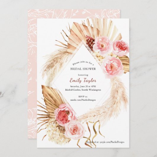 Blush Roze Boho Pampas Waterverf Bloemen Bruids Kaart (Voorkant / Achterkant)