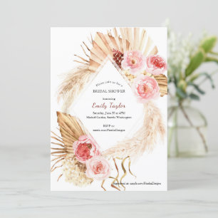 Blush Roze Boho Pampas Waterverf Bloemen Bruids Kaart